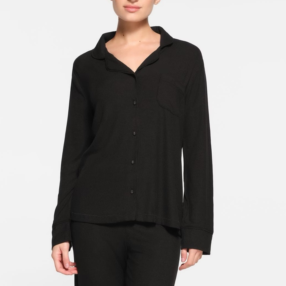 Skims Pajama Top Lounge Black Ribbed Long Sleeve Button Down Soft XS